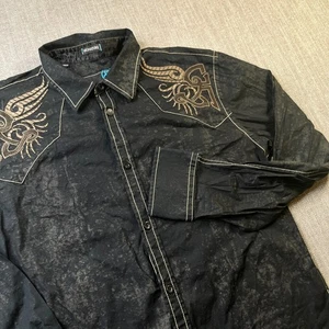 Roar Signature Button Down Mens L Black Brown Velvet Embroidered Long Western - Picture 1 of 13