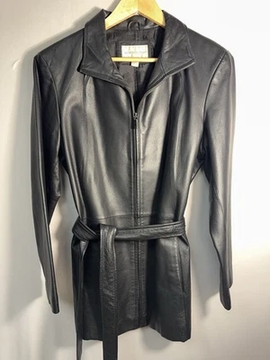 Chaqueta de cuero genuino negra Y2K con cinturón Longline cremallera frontal Worthington grande Foto 1 de 4