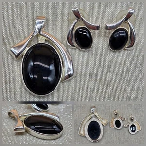Sterling Silber 925 schwarzer Obsidian/Onyx Anhänger & Ohrringe Set - Bild 1 von 17