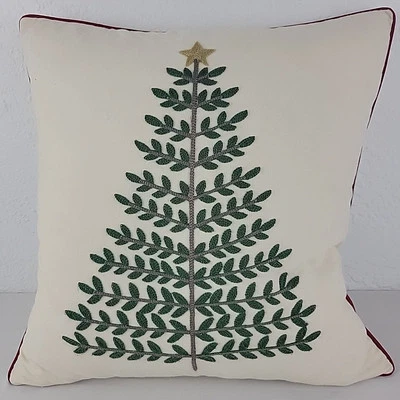 XMAS Tree Embroidered Pillow Gold Star Cottage Core Wool White Holiday 17" EUC - Image 1 of 3