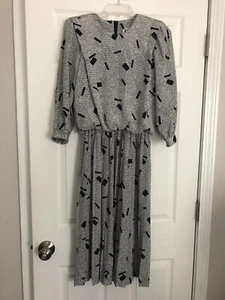 Black & White Dress Gathered Waist REO Originals Print Vintage Size 6 Union Made - Picture 1 of 12