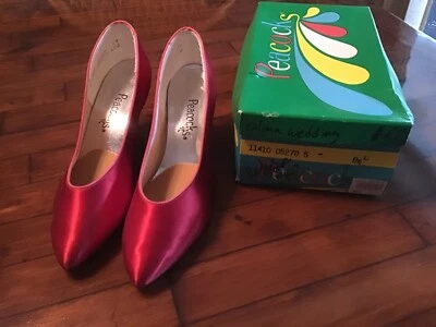 Vintage Red Satin Peacocks Dyeable Heels Shoes 8 1/2 with Box- Made in USA Retro - Image 1 of 4