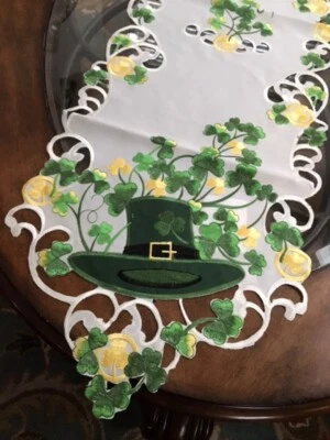 St Patrick's day Table Runner Leprechaun Hat Lucky Shamrock Runner 69"x13" Irish - Image 1 of 4