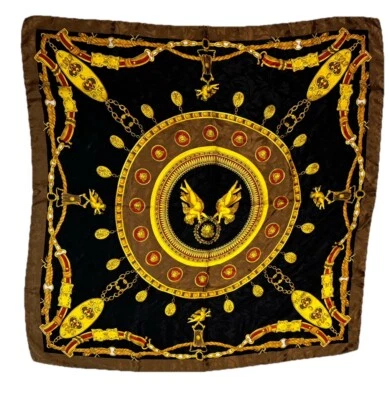 Bufanda cuadrada sedosa de diseñador querubín cinturón cadena oro negro estilo barroco vintage Foto 1 de 4