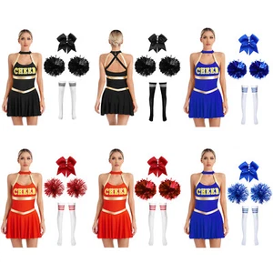 Womens Costume Halter Uniform Cheerleader Outfits Metallic Stockings Circus - Picture 1 of 61