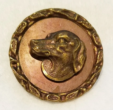 ADORABLE ANTIQUE STAMPED AND TINTED BRASS WITH A SPANIEL? DOG HEAD , 1-3/8" Cover