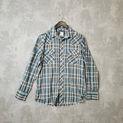 Vintage Wrangler Western Shirt Mens Medium Sawtooth Pearl Snap Blue Check - Image 1 of 4