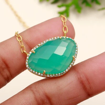 Aqua Chalcedony Gemstone CZ 925 Sterling Silver Chain Pendant Necklace 18" - Image 1 of 4