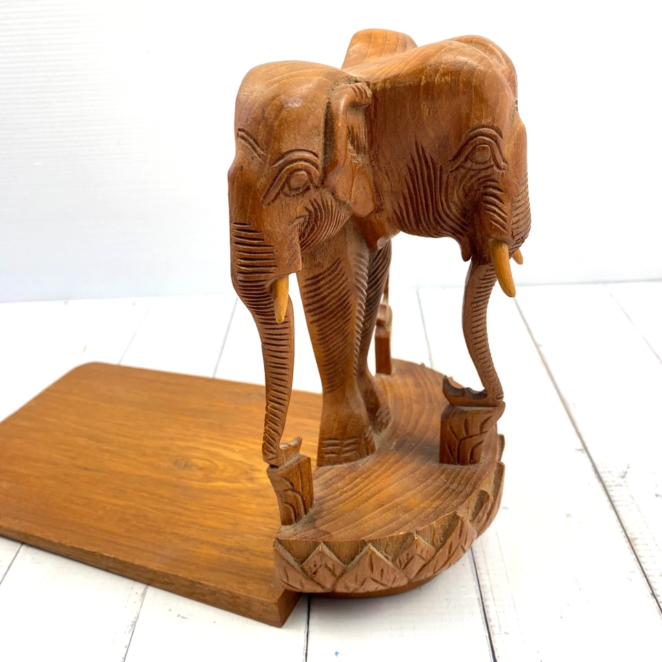 Vintage Hand-Carved Wooden Elephant Bookend Hinged Folding Base 24cm Book End - Image 1 of 4