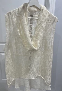 Free People Women’s Ivory Sleeveless Mesh Net Cowl Neck Pullover Shirt Sz Large - Picture 1 of 3