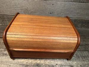 Kalmar designs Teak Wood Roll Top Desk Top Organizer/CD Storage Box MCM Vintage - Picture 1 of 13