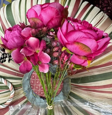 MacKENZIE CHILDS Fushia Rose Hydrangea BOUQUET Courtly Check RETIRED - Image 1 of 4