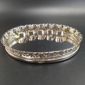 Oval Mirrored Vanity Tray Filigree with 4 Lipstick Holders 7" x 5" Velvet Bottom - Picture 1 of 11