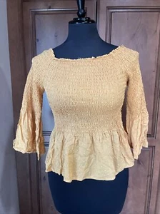 New Candie's Size Medium M Womens Smocked Marilyn Top Shirt Gold Yellow Kohls - Picture 1 of 9