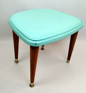 1963 Daystrom Atomic MCM Aqua Blue Vinyl Foot Stool 14" Tapered Peg Leg Gold Tip - Picture 1 of 17
