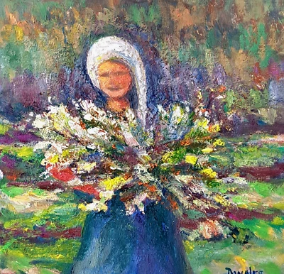 Pintura al óleo Dama en blanco Bufanda Trigo Cultivos Paisaje Retrato Original Donalee Foto 1 de 2