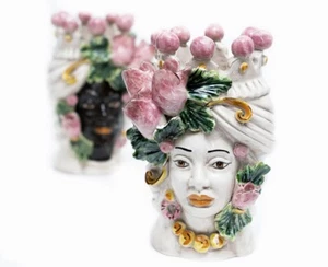 Coppia teste di moro re e regina con tulipani in ceramica di Caltagirone 20 cm - Picture 1 of 4