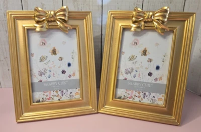Shabby Chic Set of 2 Gold Bow Frames 4" x 6" Photo Coquette NEW - Image 1 of 4