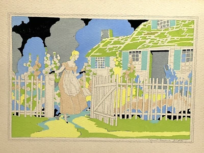 Janet Laura Scott Original Signed Watercolor Graphite Illustration Woman Garden - Image 1 of 4