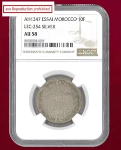 Morocco 10 franc silver coin ESSAI AH1347(1928) NGC AU 58 Muhammad V - Picture 1 of 2