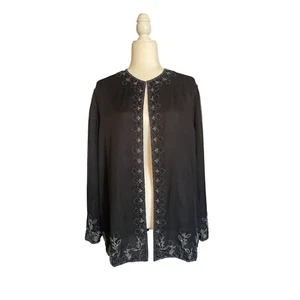 Vintage Black Beaded Open-Front Cardigan With Floral Embroidery - Picture 1 of 4