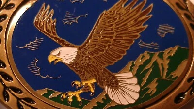 EAGLE MONTAÑAS NUBES HOJAS HEBILLA CINTURÓN LATÓN MACIZO HERENCIA HEBILLAS AMINCO EE. UU. Foto 1 de 4