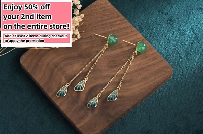 Jade Boho Drop Dangle Earrings Tassels Ear Stud 18K Gold Plated Wings Feather - Image 1 of 4