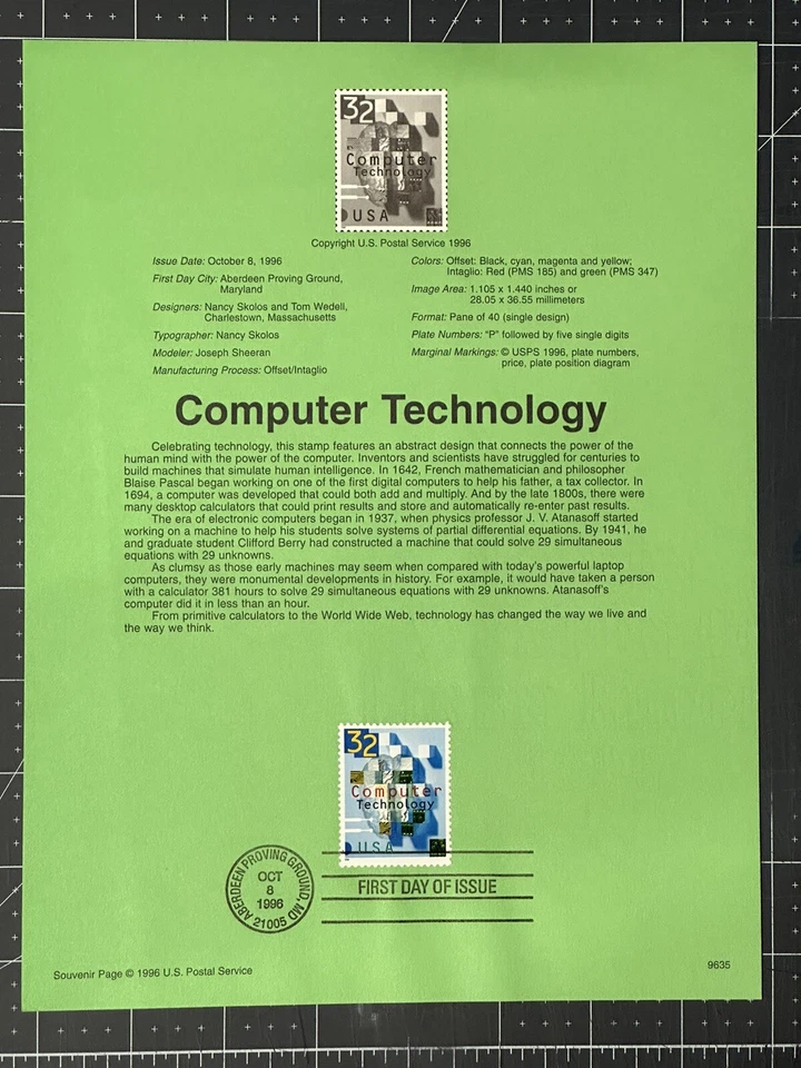 USPS SOUVENIR PAGE CELEBRATING COMPUTER TECHNOLOGY 32c 1996 - Image 1 of 1