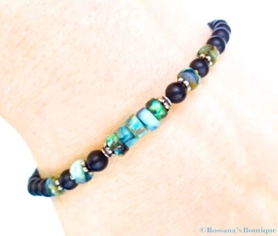 Chrysocolla Turquoise and Black Onyx Bead Bracelet, Relief Anxiety, Healing - Image 1 of 4