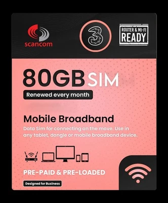 Three & Vodafone 80gb Data SIM renews monthly until JAN 2027 preloaded + prepaid - Image 1 of 4