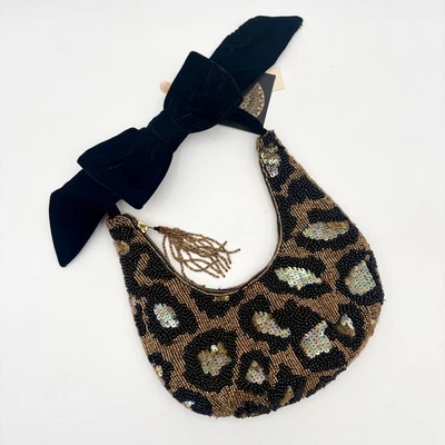 Leopard Print Beaded Shoulder Bag Black Velvet Bow Accent Evening Clutch - Image 1 of 4