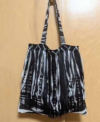 Anna Sui Black & White Fringe Trim Shoulder Tote Bag Purse CottonBlend Rare NEW  - Image 1 of 4