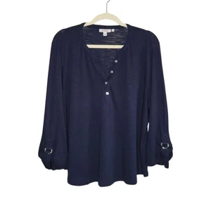 Chico's Ring Detail 3/4 Sleeve Henley Top Women's XL Chico's Size 3 Navy Blue - Picture 1 of 9