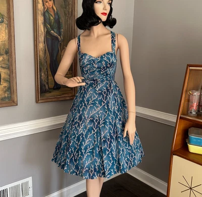 Y2K Vintage 1950s Style Hawaiian Sun Dress Coral Print Rockabilly Pin-up VLV S - Image 1 of 4