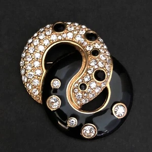 SWAROVSKI Zeichen Schwan Kristall Strass schwarz Emaille doppelt Kreis Brosche Gold 2" - Bild 1 von 9