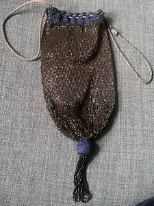 Genuine Art Deco Flapper Navy & Bronze Microbead Reticule Drawstring Bag 1920's - Picture 1 of 17