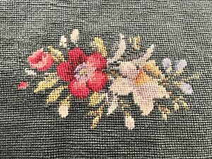 Sweet Vintage Completed Floral Center Green Needlepoint Canvas for Chair, ETC.