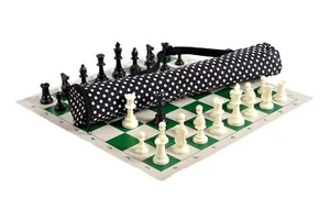 Quiver Chess Set Combination- Single Weighted - Black & White Dots / Green Board - Picture 1 of 2