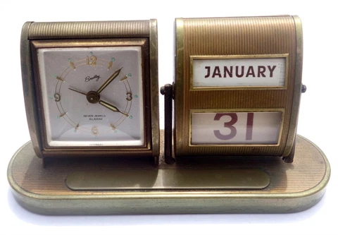 BRADLEY Antique Brass CLOCK Perpetual CALENDAR German MCM Industrial Desk Alarm Cover