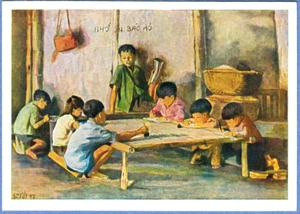 Vietnam artist Nguyen Sy Tot 1962 Russian postcard CHILDREN VILLAGE SCHOOL - Bild 1 von 2