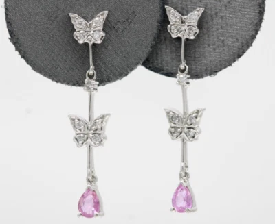 Pendientes colgantes Effy BH oro blanco 14K topacio rosa y diamantes mariposa 2,4 gramos Foto 1 de 4