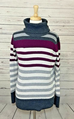 Suéter Eddie Bauer Mujer M Gris Rojo Pullover Rayas Botón Cuello Alto Foto 1 de 4