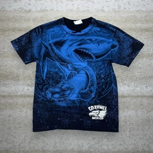 Vintage Shark Nature Shirt Mens M All Over Print Black Cotton Short Sleeve 90s - Picture 1 of 4