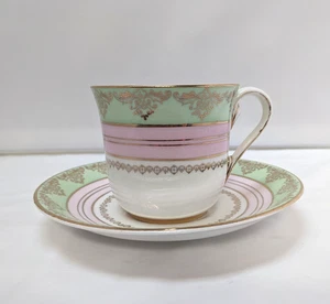 Vintage Royal Stafford Cup & Saucer Pink & Green, Gold Filigree - English China - Picture 1 of 10