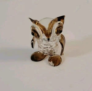 Mundgeblasene Glas Eule Figur Miniatur getönt braun weiß - Bild 1 von 8