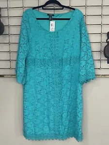 Women’s Alfani Teal Oasis Lace Shift Dress Size 1X Lined 3/4 Sleeves - Picture 1 of 16