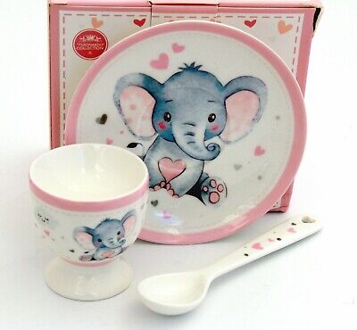 NEW Baby Girl Elephant Ceramic Egg Cup, Spoon & Plate Newborn Gift  Keepsake • 18.36$