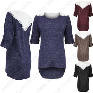 NEW LADIES MARL KNIT CROCHET BACK TOP WOMENS DOLLY LACE JUMPER HILO 3/4 SLEEVE - Picture 1 of 15