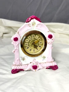 1940s Minxie Victorian Style Pink Wind-Up Mantle Clock Made in Germany - Picture 1 of 12