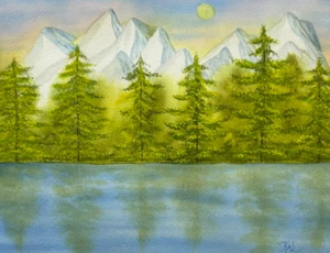PAINTING WATERCOLOR 11X14 & MAT 16X20 SUNRISE MOUNTAINS TREES LAKE LANDSCAPE ART - Picture 1 of 2
